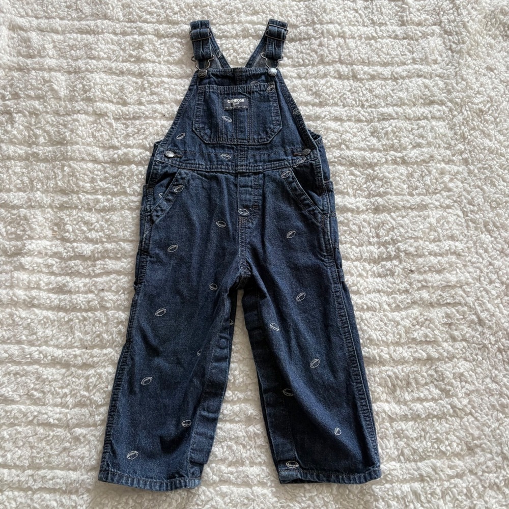 OshKosh Bgosh Kids Dark Wash Denim Football Embroidered Bib‎ Overalls Sports 2T